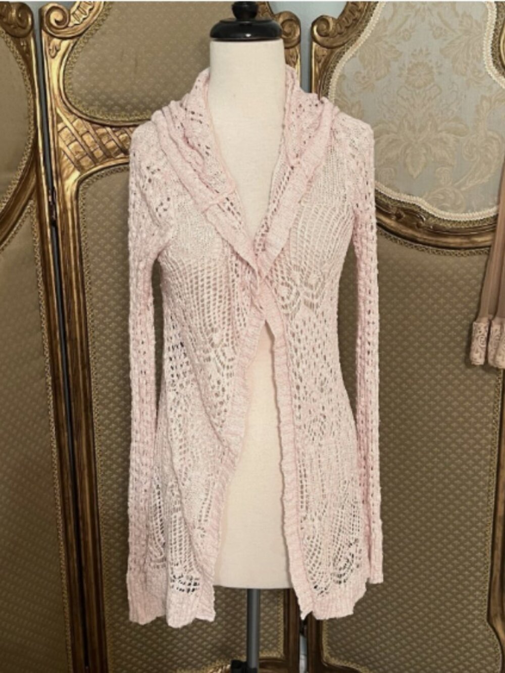 Mossimo. Sz S Petite. Pink Cotton/nylon Knit Open Front Sweater. Hooded. B93